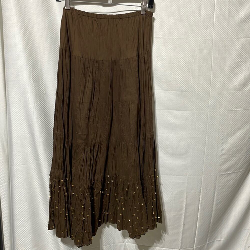 Charlotte Russe xs brown cotton lightweight prairie skirt sequined hemline euc